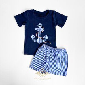 NWT Cute Boys T-shirt & Shorts Matching Set Embroidered Gingham Anchors Away 6-7